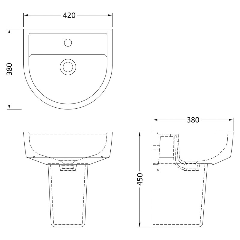 Luna 420mm (w) x 445mm (h) Basin & Semi Pedestal (1 Tap Hole) - Technical Drawing