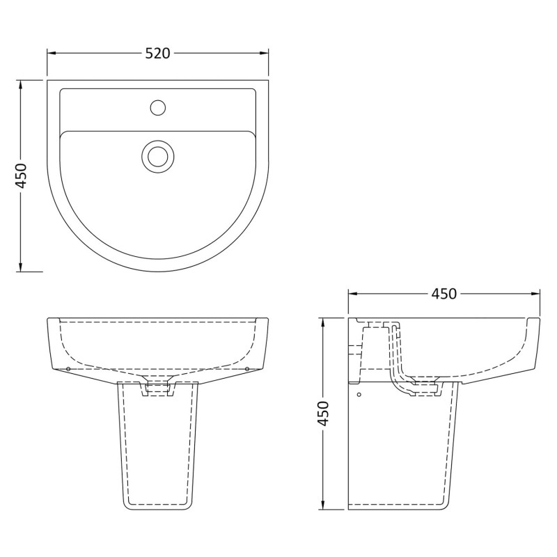 Luna 520mm (w) x 440mm (h) Basin & Semi Pedestal (1 Tap Hole) - Technical Drawing