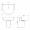 Luna 520mm (w) x 440mm (h) Basin & Semi Pedestal (1 Tap Hole) - Technical Drawing