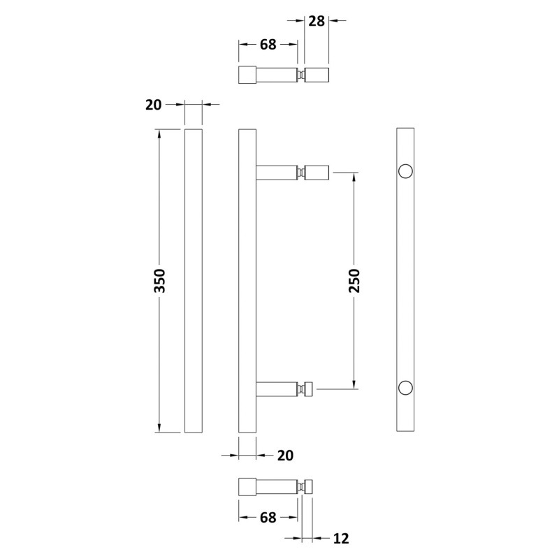 Chrome Square Shower Door Handle - Technical Drawing