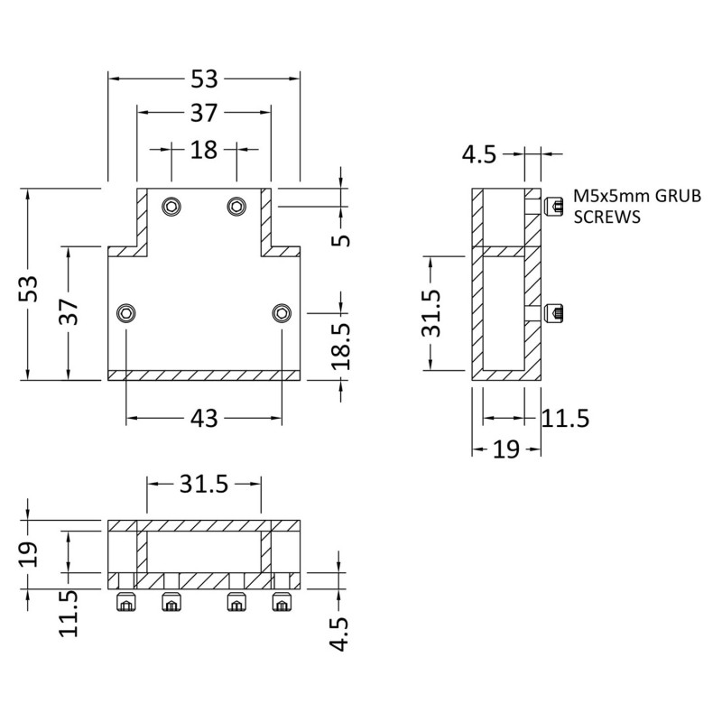 Shower Screen Support Arm T Piece - Chrome - Technical Drawing