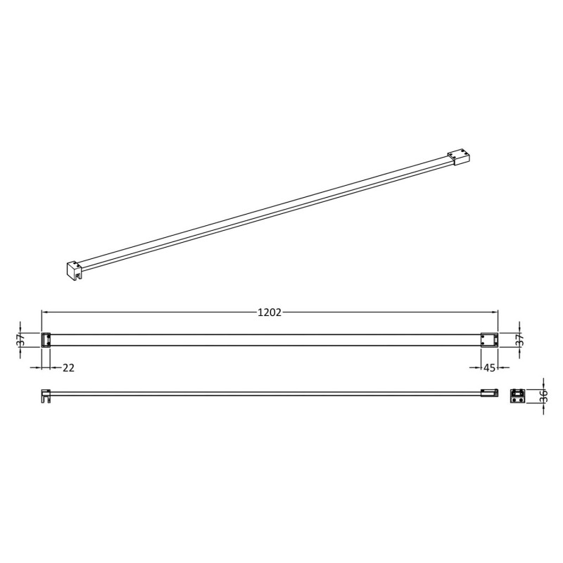 Shower Screen Flat Support Bar - Black - Technical Drawing