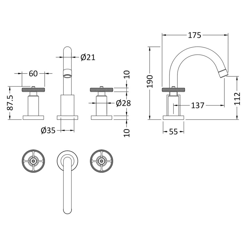 Revolution Chrome 3 Tap Hole Basin Mixer Tap - Technical Drawing