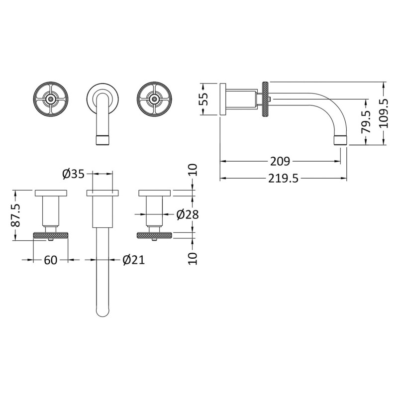 Revolution Chrome Wall Mounted Basin Mixer Tap - Technical Drawing