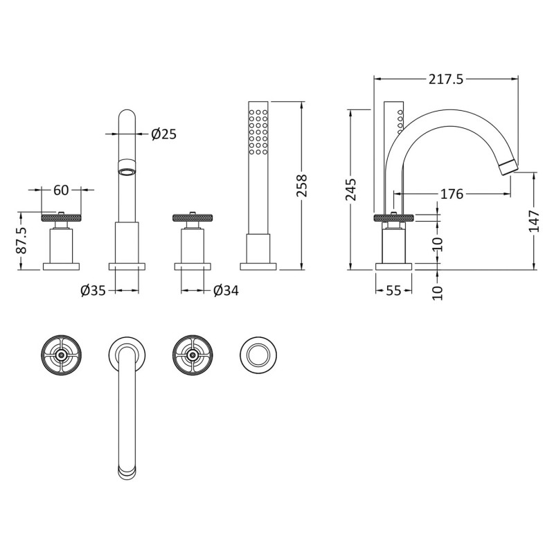 Revolution Chrome 4 Tap Hole Bath Mixer Tap - Technical Drawing