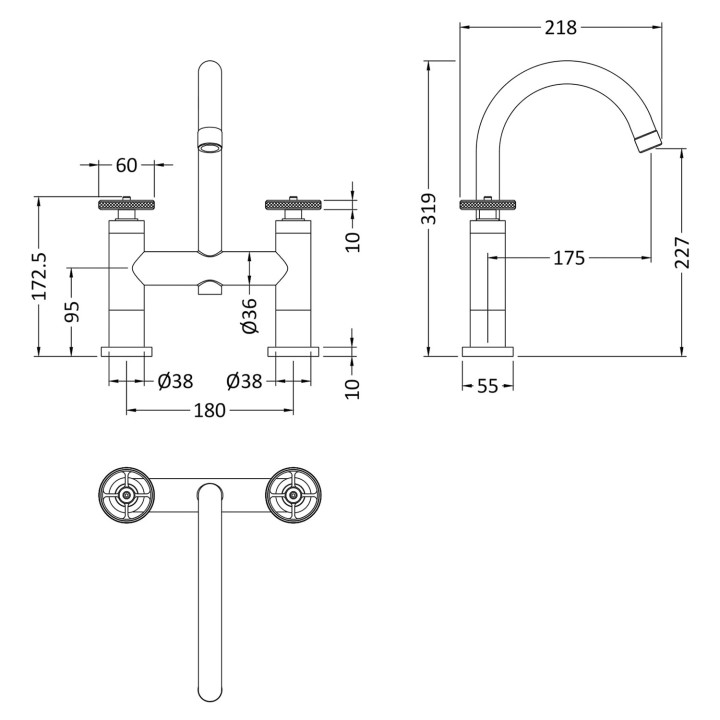 Reed Revolution Chrome Wheel Handle Swan Neck Bath Filler Tap - Technical Drawing