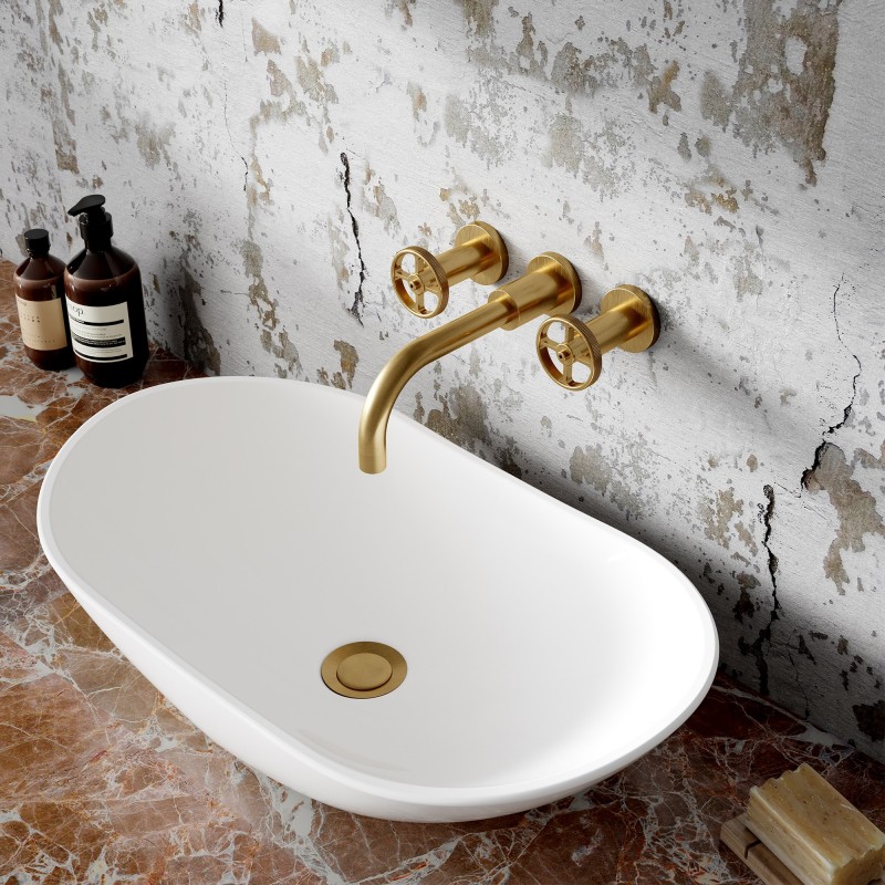 Revolution Brushed Brass Wall Mounted Basin Mixer - Insitu