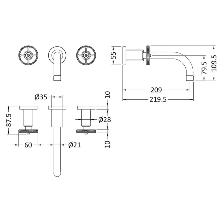 Revolution Brushed Brass Wall Mounted Basin Mixer - Technical Drawing