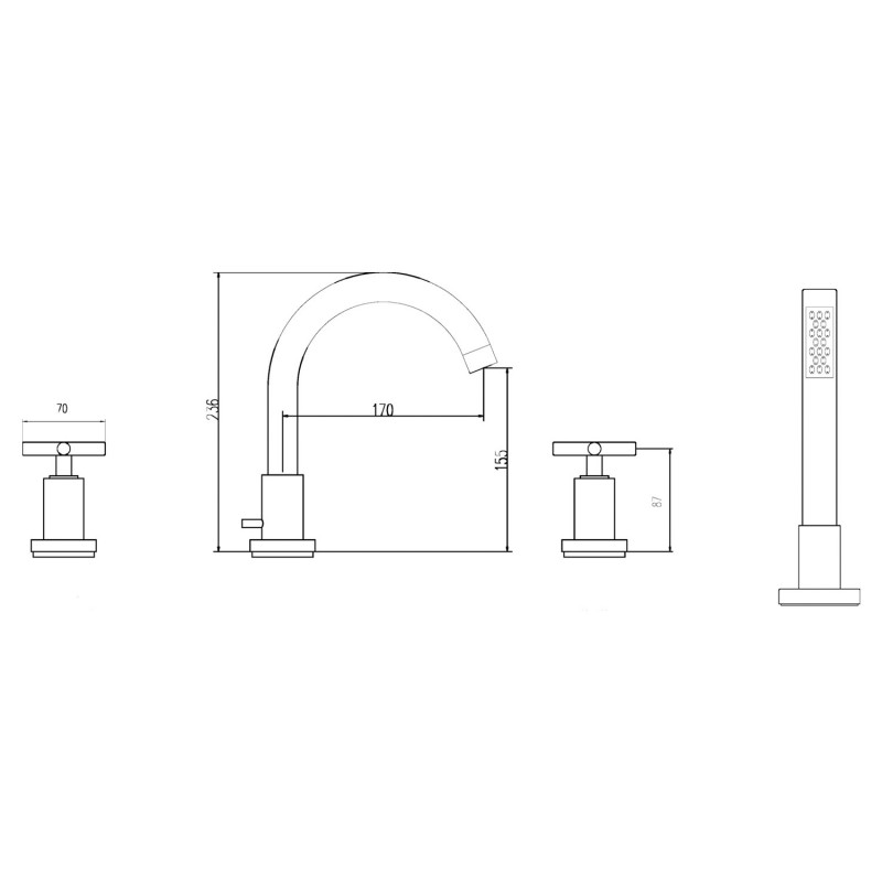 Tec Crosshead 4 Tap Hole Bath Shower Mixer - Technical Drawing