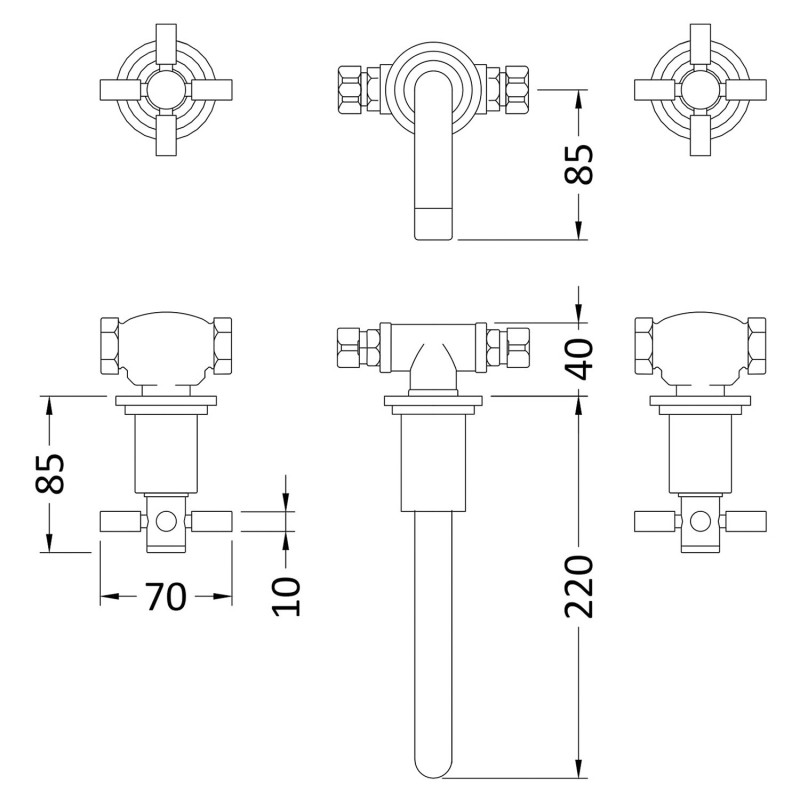 Tec Crosshead Wall Hung Basin Mixer - Technical Drawing