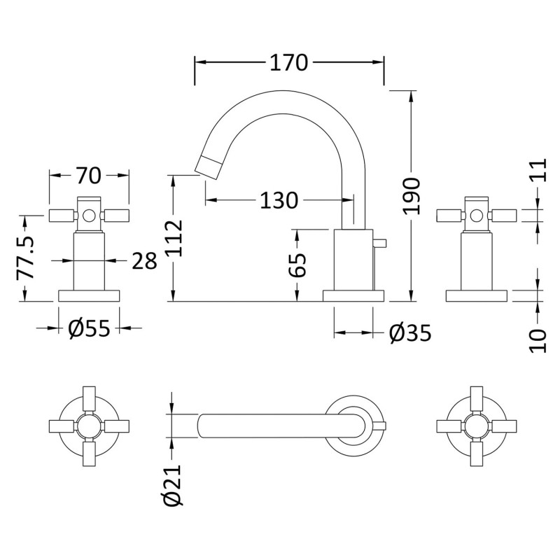 Tec Crosshead 3 Tap Hole Basin Mixer - Technical Drawing