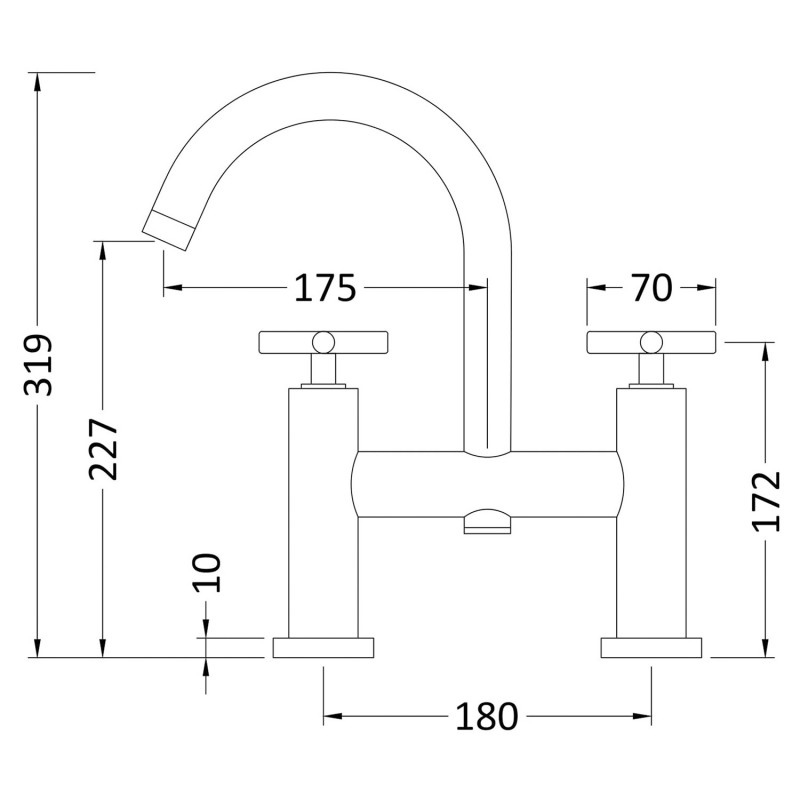 Tec Twin Cross Head Swan Neck Swivel Bath Filler - Technical Drawing