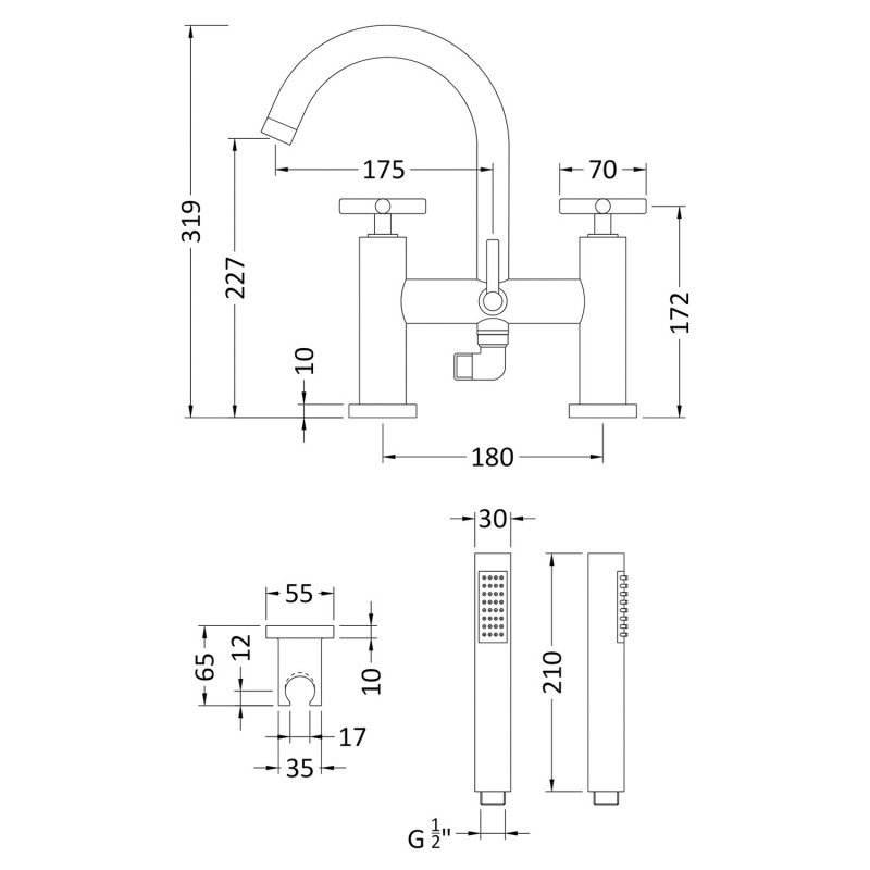 Tec Crosshead Bath And Shower Mixer - Technical Drawing