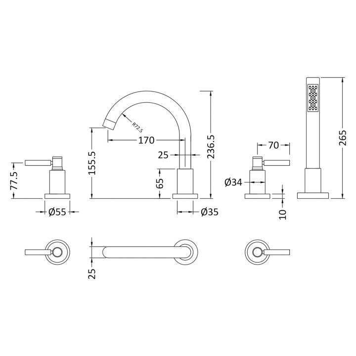 Tec Lever 4 Tap Hole Bath Shower Mixer - Technical Drawing