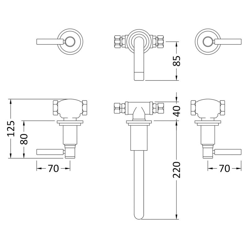 Tec Lever Wall Hung Basin Mixer - Technical Drawing