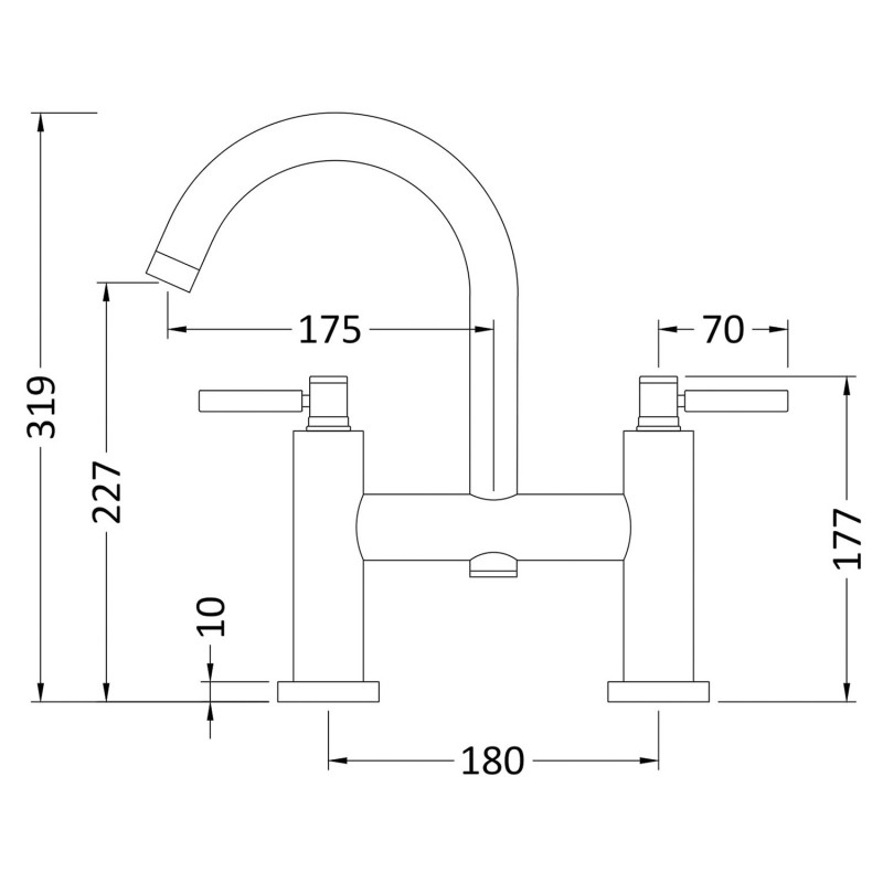 Tec Twin Lever Bath Filler Swan Neck Swivel Spout - Technical Drawing