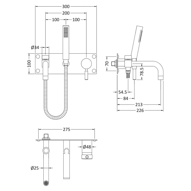 Round Wall Hung Bath Shower Mixer - Technical Drawing