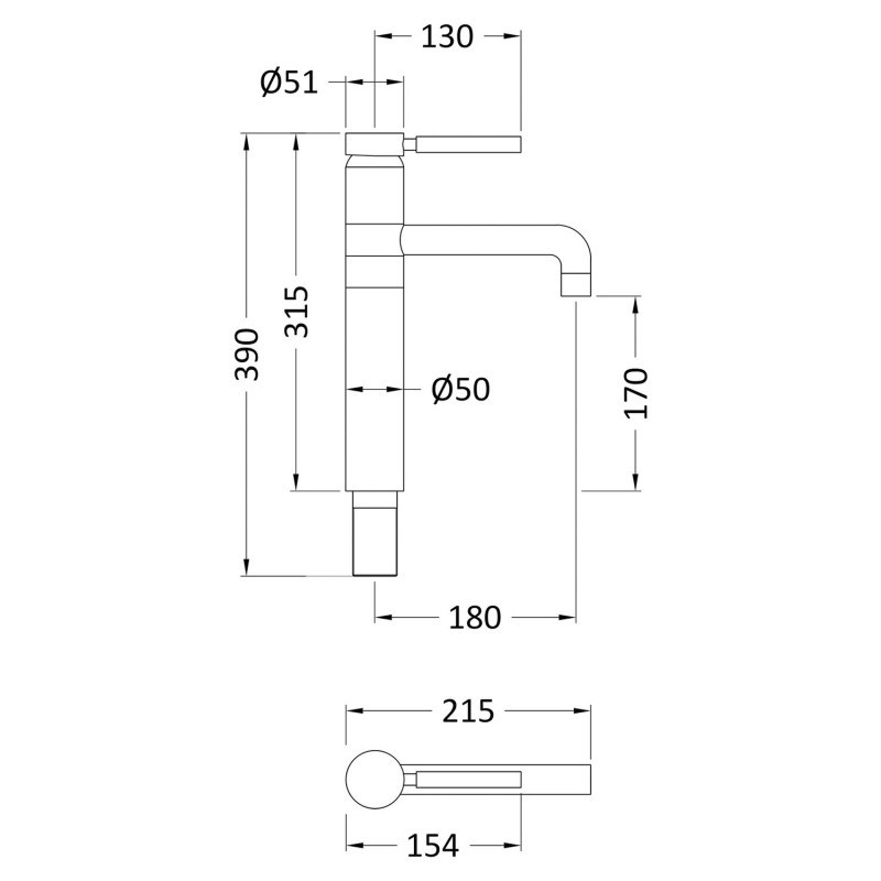 Single Lever High Rise Mixer Swivel Spout - Technical Drawing