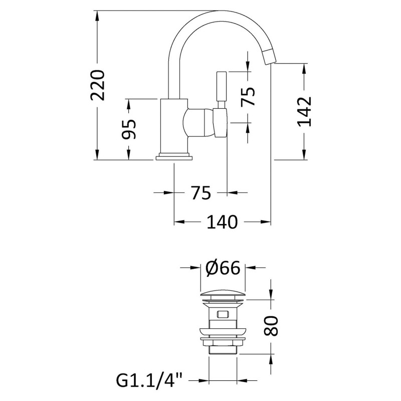 Tec Single Lever Side Action Basin Mixer - Technical Drawing