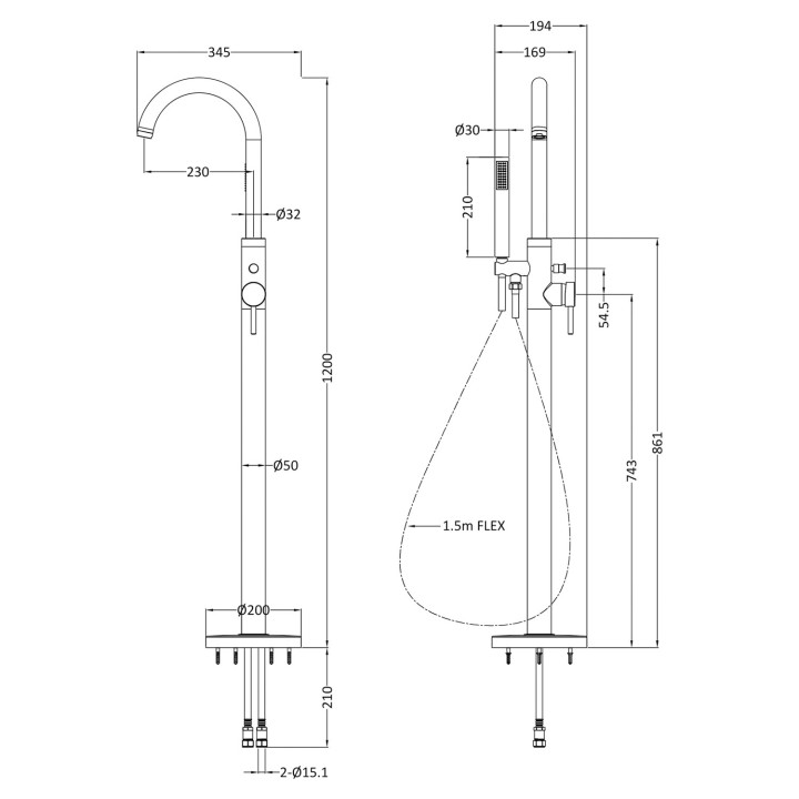 Brushed Brass Tec Lever Floorstanding Bath Shower Mixer - Technical Drawing