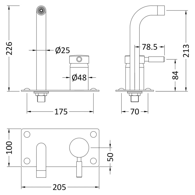 Tec Lever Brushed Brass Wall Mounted Basin Bath Filler - Technical Drawing