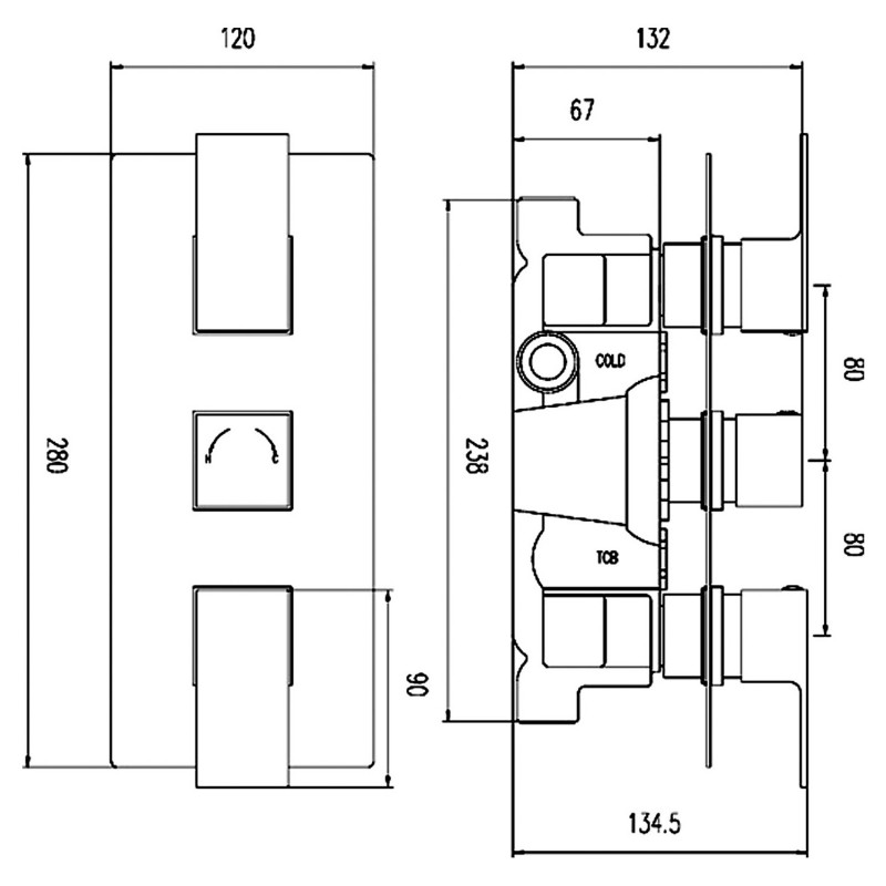 Art Triple Thermostatic Valve Rectangular Plate - Technical Drawing