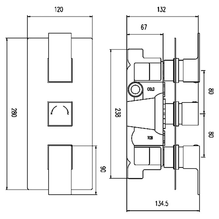 Art Triple Thermostatic Valve Rectangular Plate - Technical Drawing