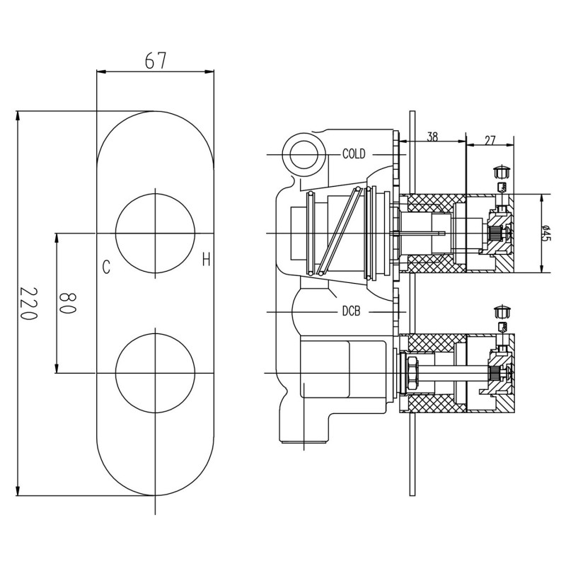 Indus Round Thermostatic Valve with Diverter - Technical Drawing