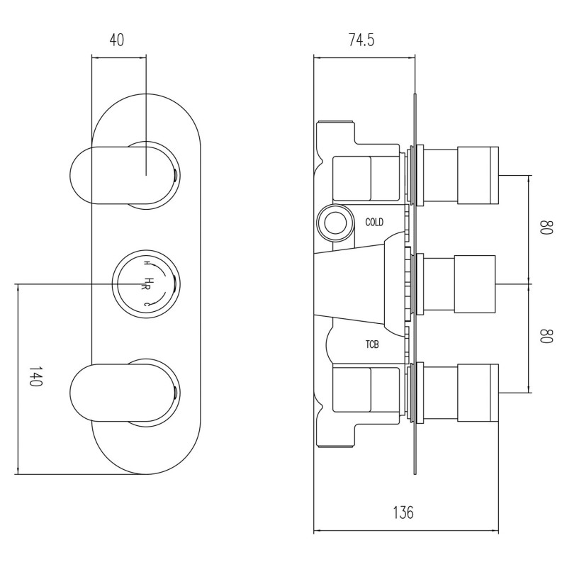 Reign Triple Thermostatic Shower Valve With Diverter - Technical Drawing