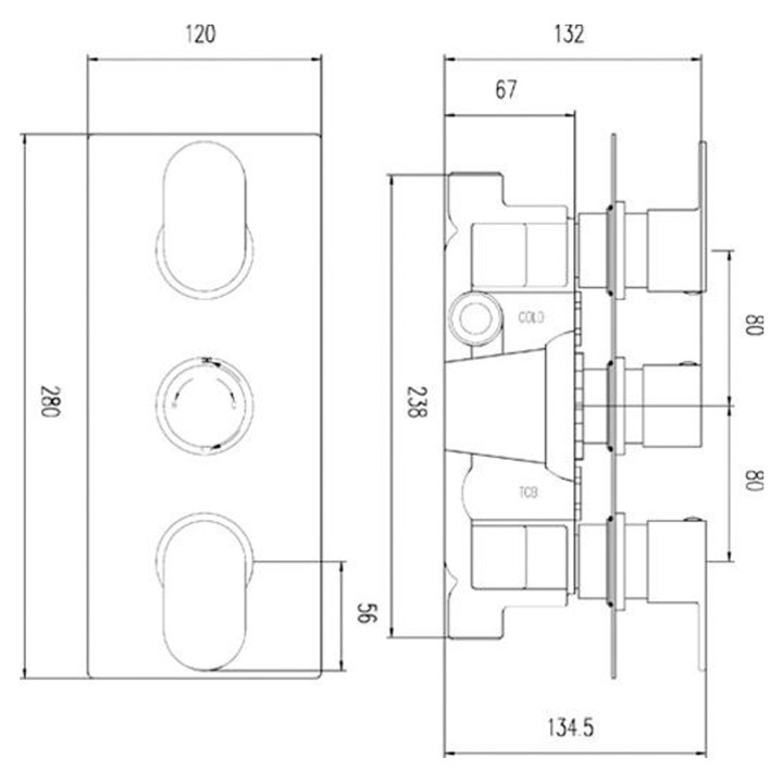 Reign Triple Thermostatic Shower Valve - Technical Drawing