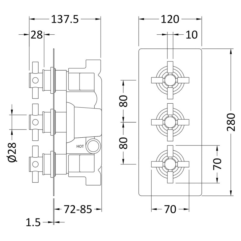 Kristal Triple Concealed Valve With Diverter - Technical Drawing