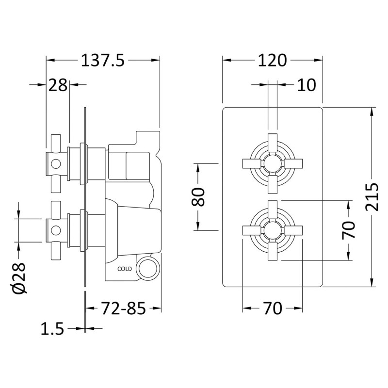 Kristal Twin Concealed Thermostatic Valve Diverter - Technical Drawing