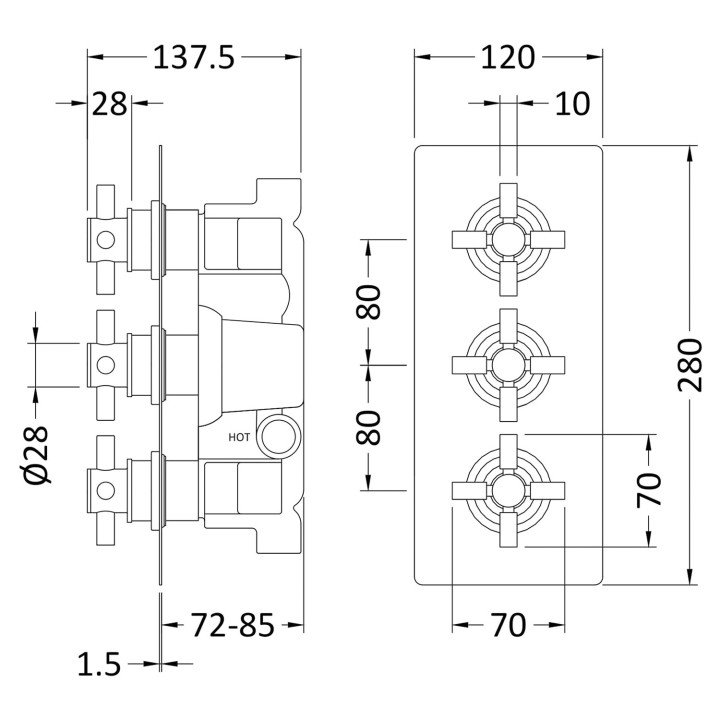Kristal Triple Concealed Thermostatic Valve Rectangular Plate - Technical Drawing