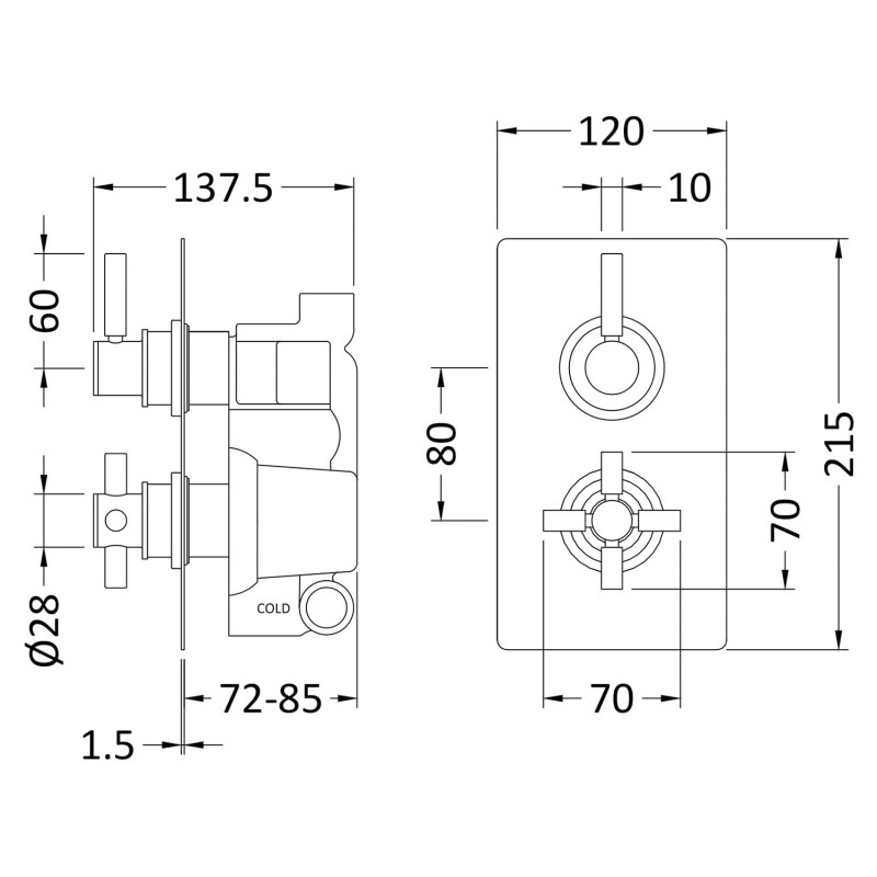 Tec Pura Twin Valve with Built In Diverter - Technical Drawing