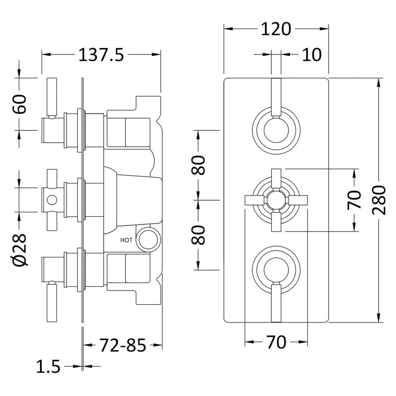 Tec Pura Matt Black Triple Thermostatic Shower Valve - Technical Drawing