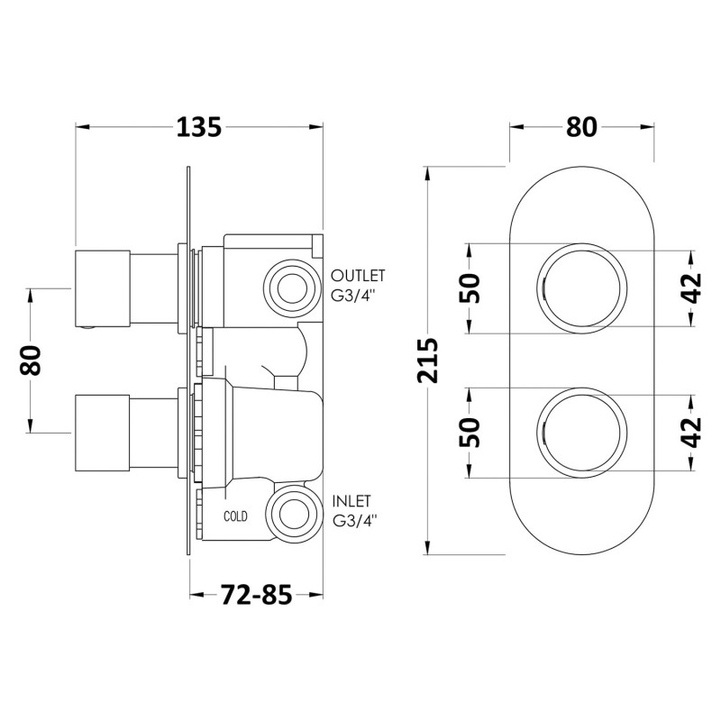 Chrome Round Twin Concealed Thermostatic Shower Valve with Diverter - Technical Drawing