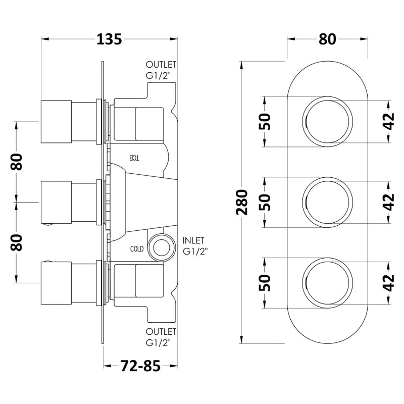 Chrome Round Triple Concealed Thermostatic Shower Valve - Technical Drawing