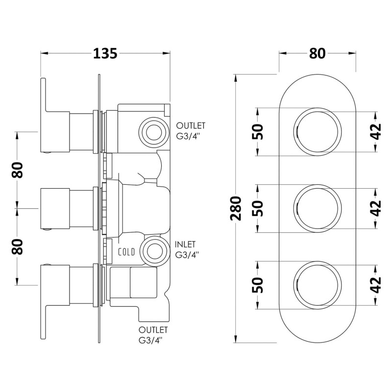 Chrome Round Triple Concealed Thermostatic Shower Valve with Diverter - Technical Drawing