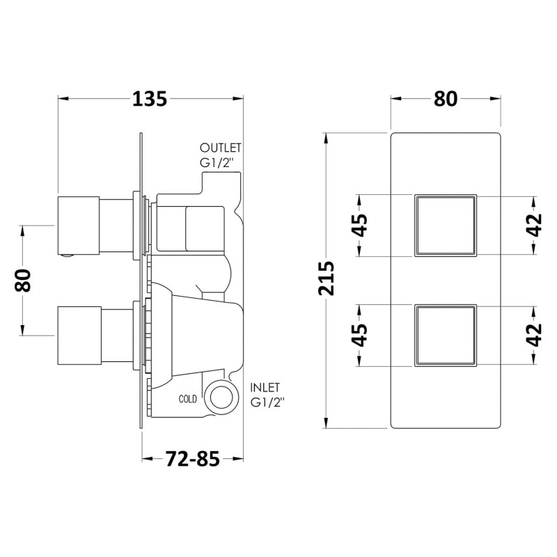 Chrome Square Twin Concealed Thermostatic Shower Valve - Technical Drawing