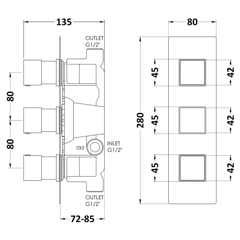 Chrome Square Triple Concealed Thermostatic Shower Valve - Technical Drawing