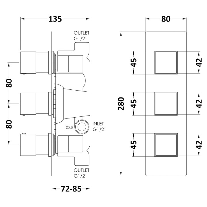 Chrome Square Triple Concealed Thermostatic Shower Valve - Technical Drawing