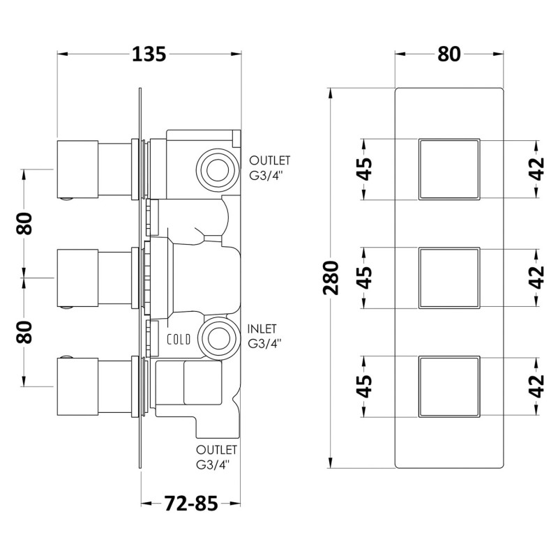 Chrome Square Triple Concealed Thermostatic Shower Valve with Diverter - Technical Drawing