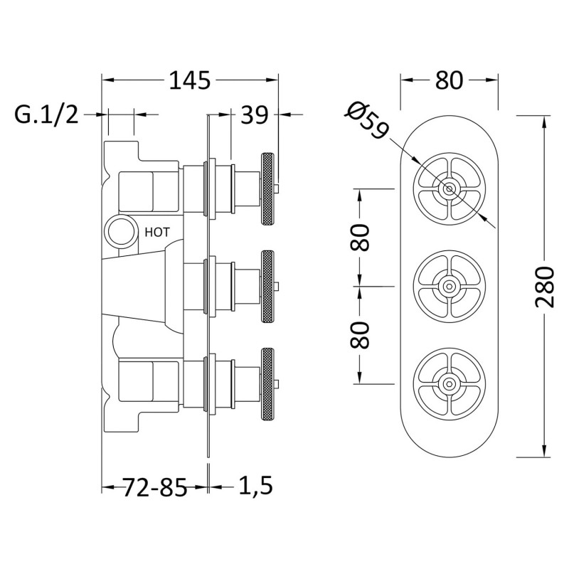 Revolution Chrome Triple Concealed Thermostatic Shower Valve with Diverter - Technical Drawing