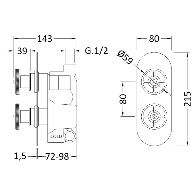 Revolution Brushed Brass Twin Valve with Diverter - Technical Drawing