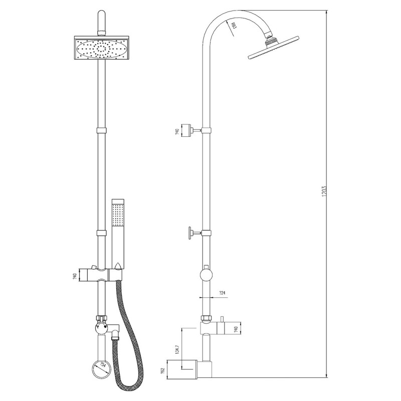 Worth Square Chrome Shower Column with Concealed Outlet Elbow & Hand Shower - Technical Drawing