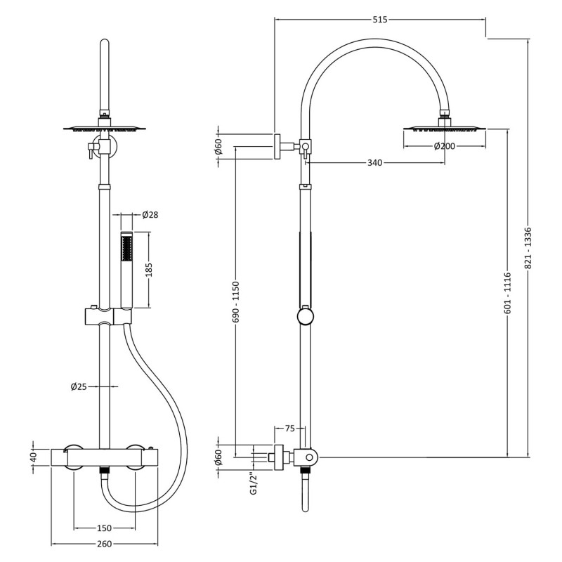 Round Chrome Thermostatic Shower Column Slide Rail & Hand Shower - Technical Drawing