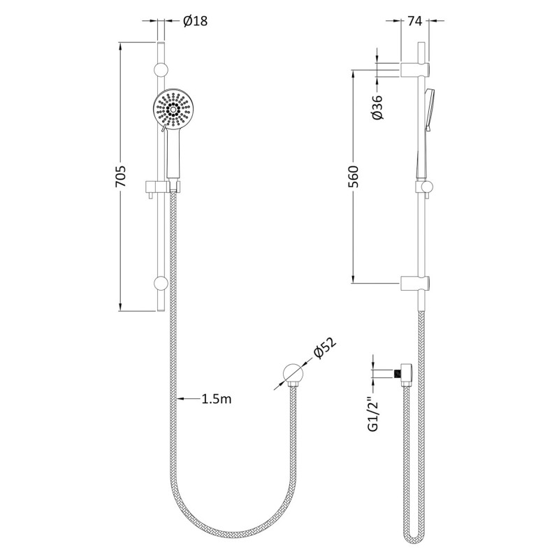 Multi Function Water Saving Shower Kit - Technical Drawing