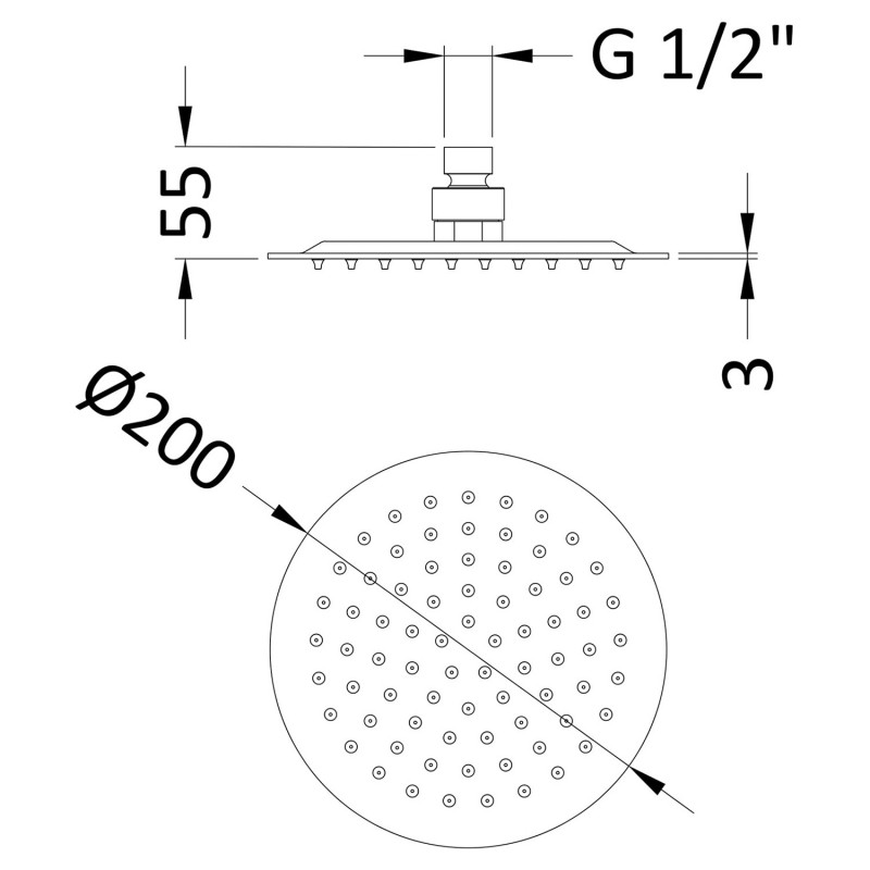 Round Fixed Shower Head 200mm Diameter - Technical Drawing