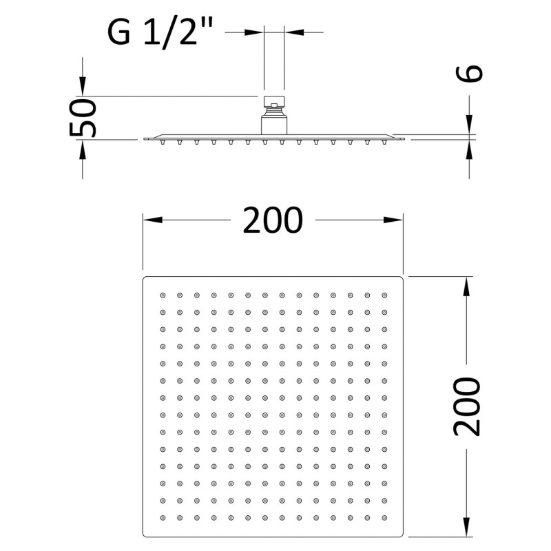 Square Fixed Shower Head 200mm x 200mm - Technical Drawing