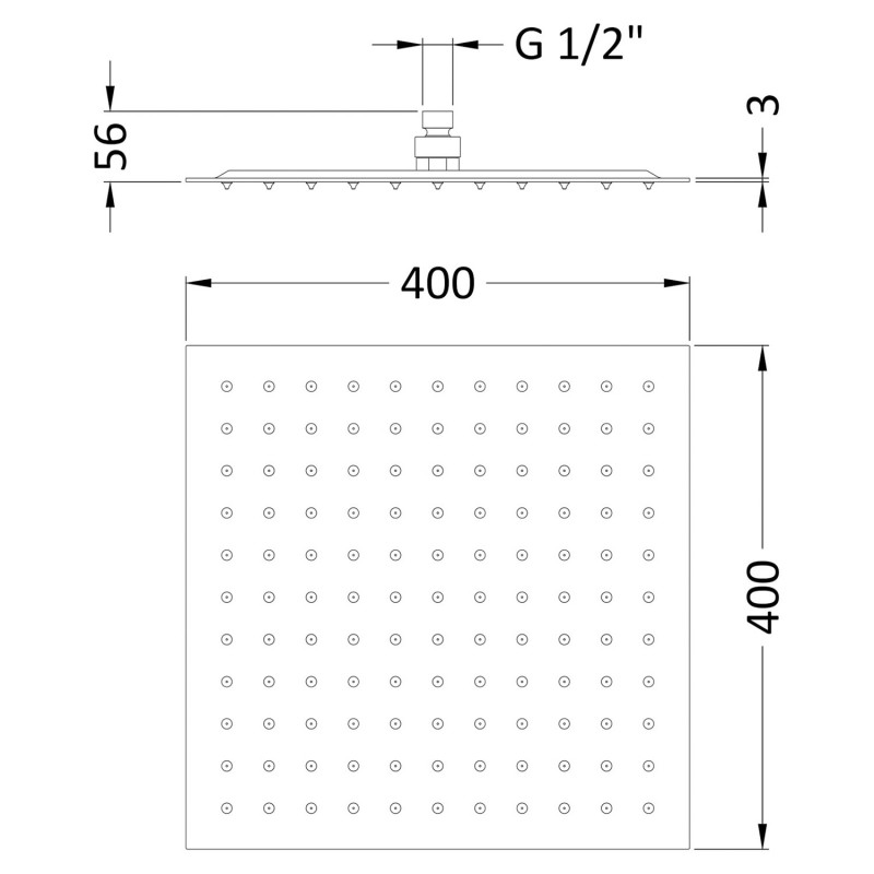 Square Stainless Steel Shower Head 400mm - Technical Drawing